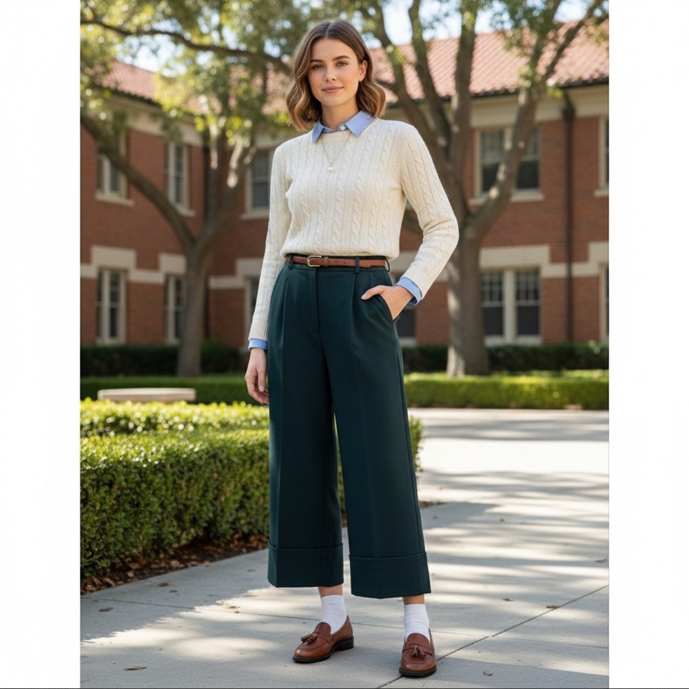 Monki Retro Preppy Dark Green Cuffed Cropped Pleated Pants S Stretch Twill